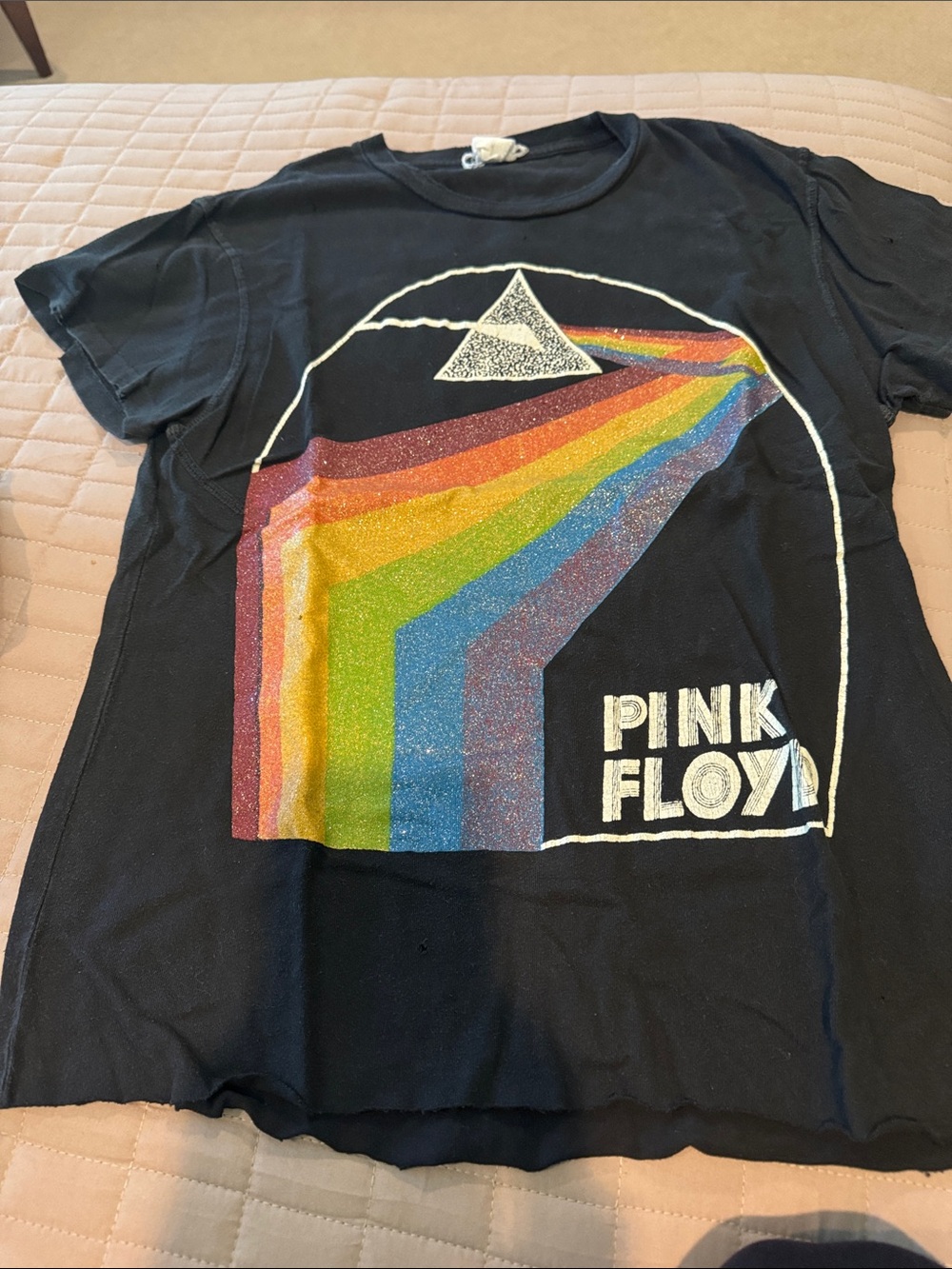 Madeworn Pink Floyd Black Tee with Glitter Rainbow Prism